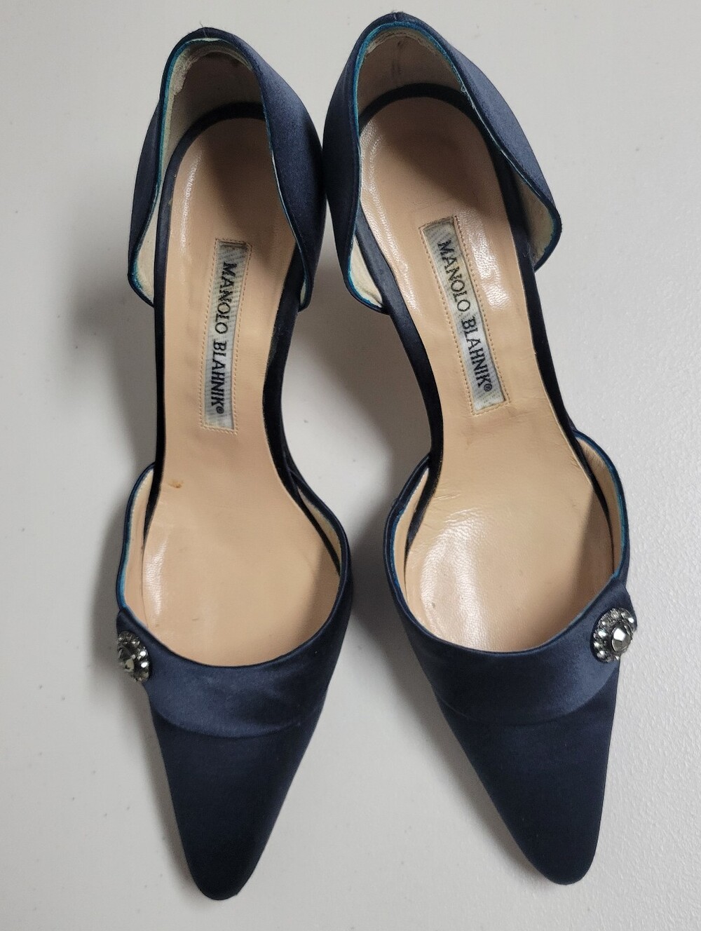 Manolo Blahnik Navy Satin Pointed D'Orsay Pumps with Crystal Accent Size 37.